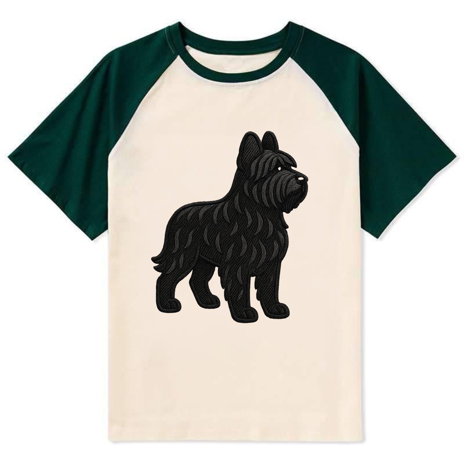 Briard - Black wavy coat embroidered herding pose - Contrast Raglan T-shirt - Green