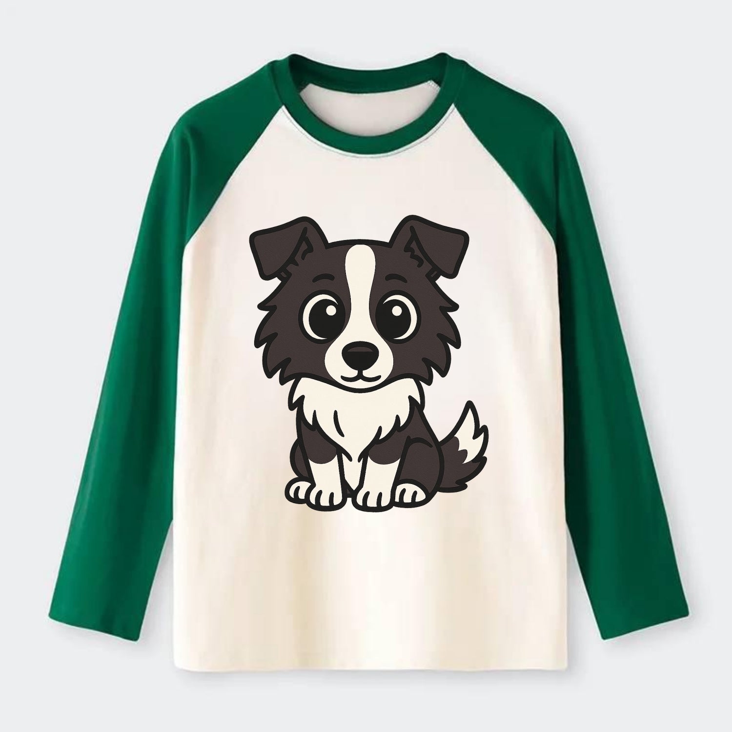 Border Collie - Intense stare sitting pose - Raglan Long Sleeve T-Shirt - Green