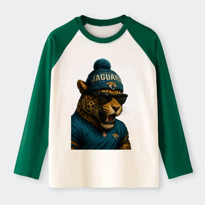 Jacksonville Jaguar wearing Jaguars teal and gold beanie with pom pom - Raglan Long Sleeve T-Shirt - Green