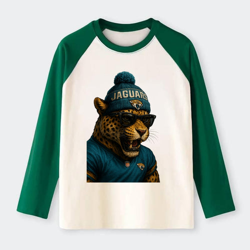Jacksonville Jaguar wearing Jaguars teal and gold beanie with pom pom - Raglan Long Sleeve T-Shirt