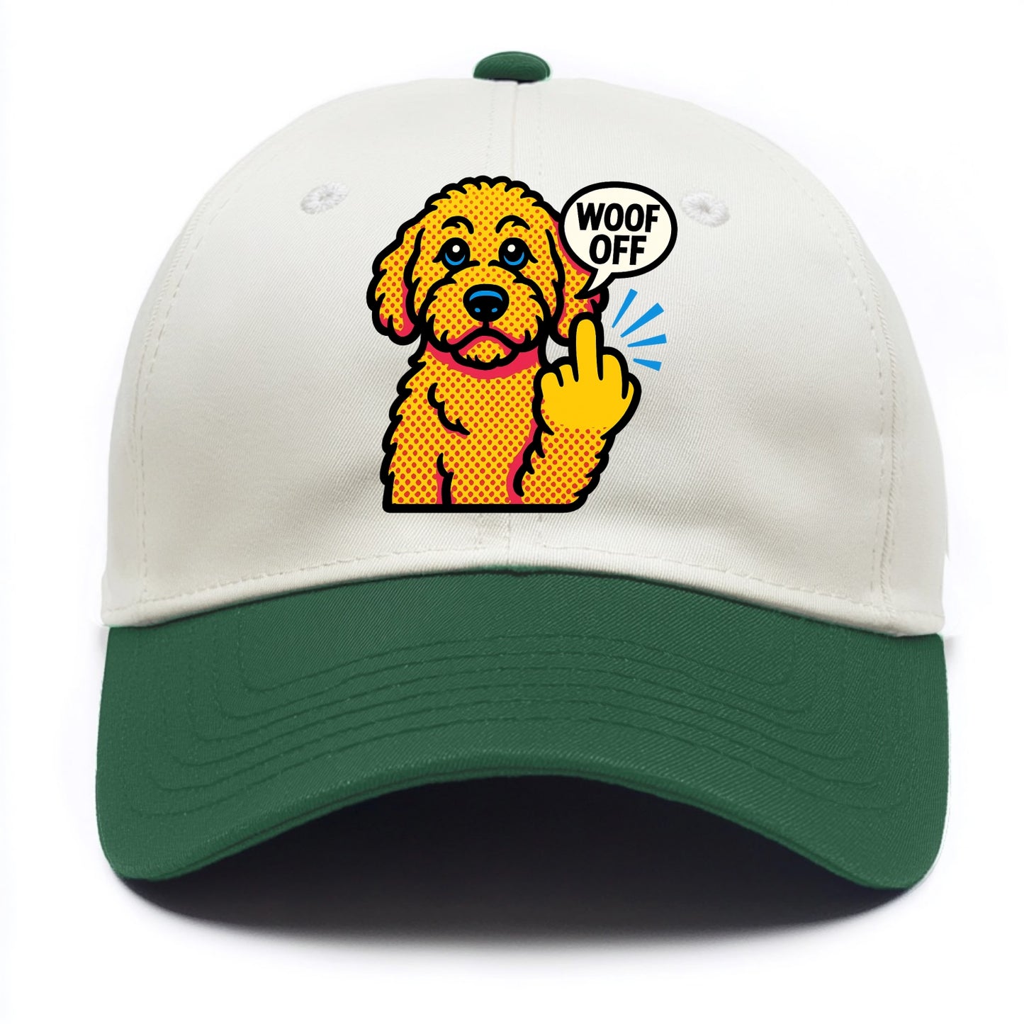 Goldendoodle with teddy bear face and curly golden coat, friendly paw flipping off - Two Tone Cap - Green
