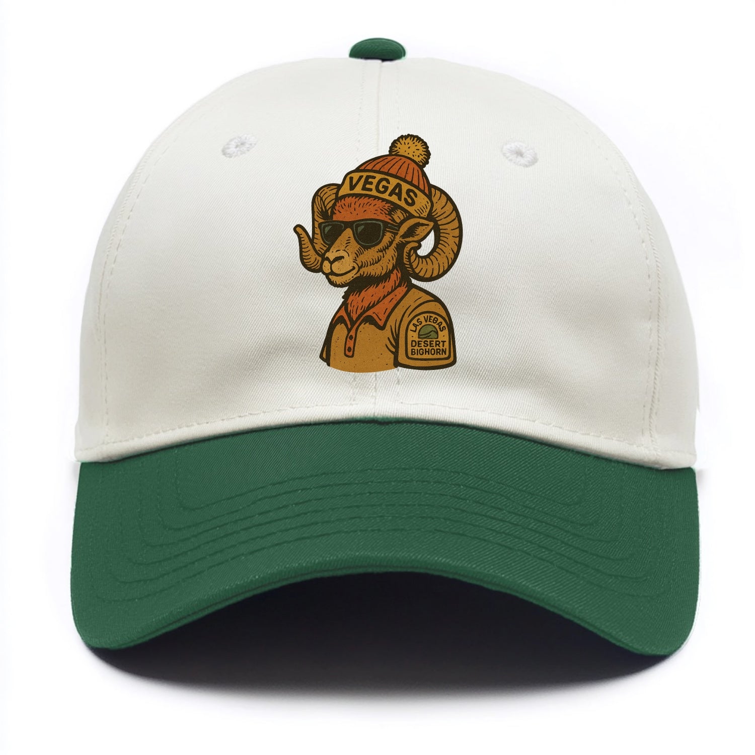 Las Vegas Desert Bighorn wearing Vegas beanie with pom pom and wayfarer sunglasses - Two Tone Cap - Green