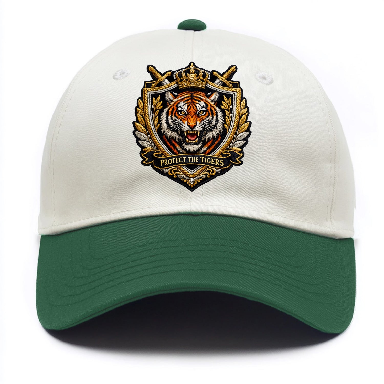PROTECT THE TIGERS - tiger with shield in orange , big cat conservation - Two Tone Cap - Green