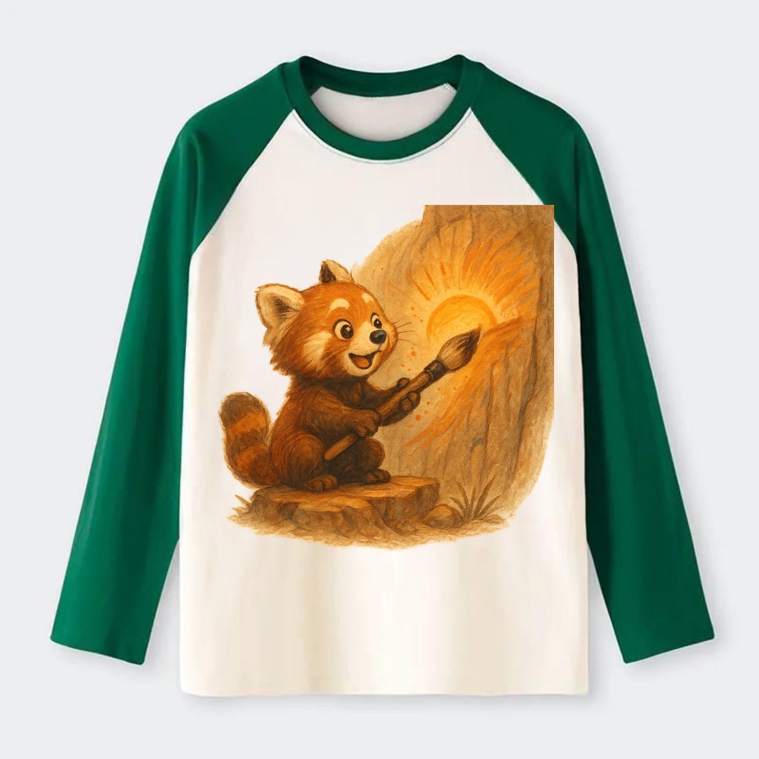 Red panda painting a sunrise mural with an oversized calligraphy brush - Raglan Long Sleeve T-Shirt - Green