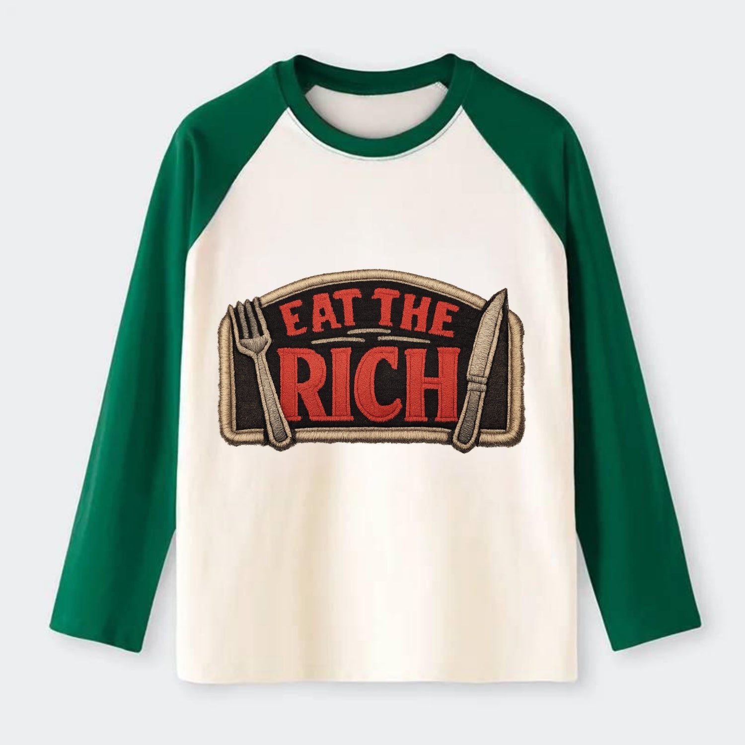 EAT THE RICH - fork and knife with text in red and silver , class war - Raglan Long Sleeve T-Shirt - Green