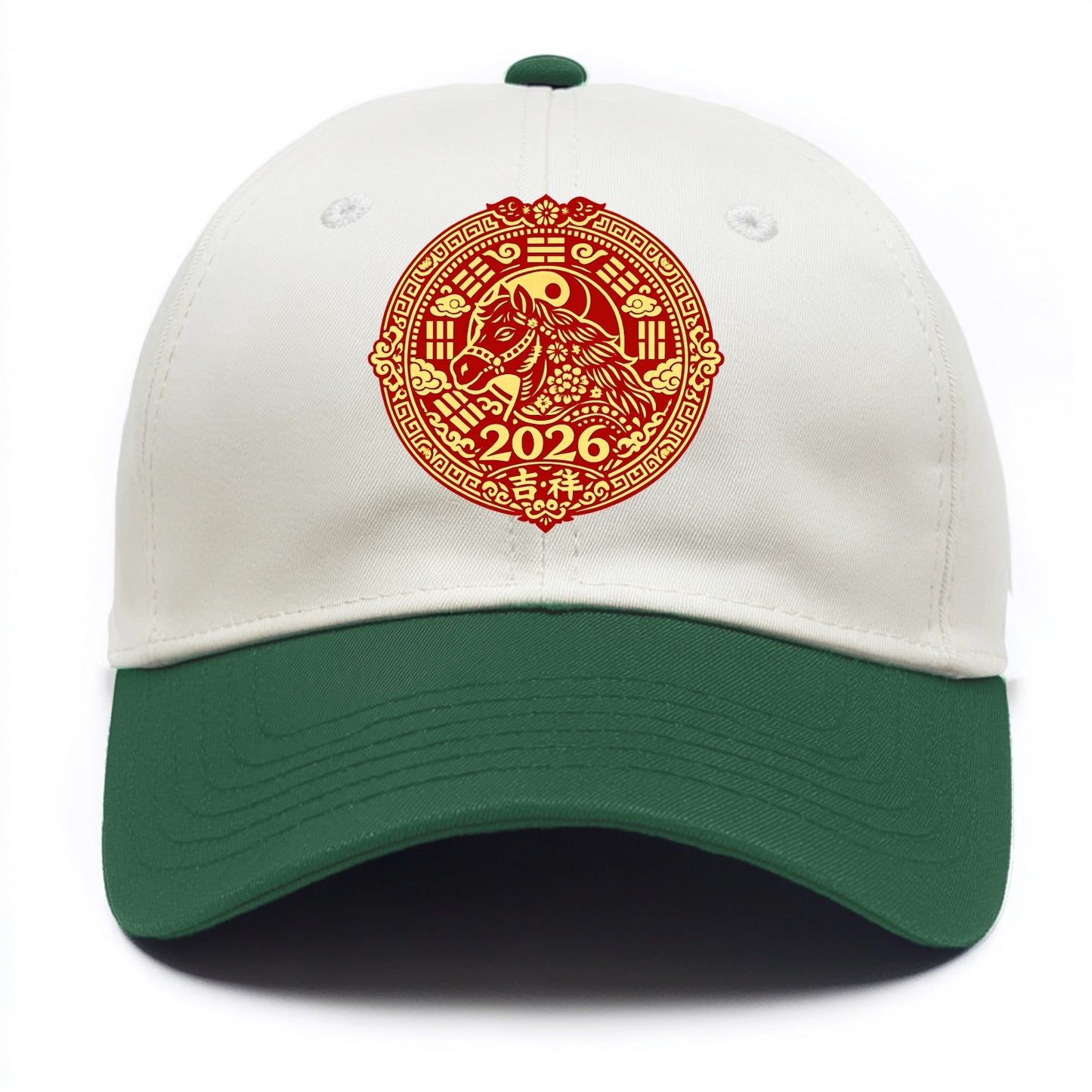 LUCKY HORSE MEDALLION | Circular medallion with horse profile | Intricate Chinese - Two Tone Cap - Green