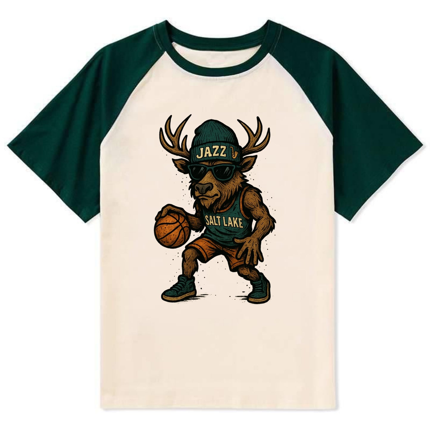 Salt Lake Elk wearing Jazz beanie with saxophone patch and wayfarer - Contrast Raglan T-shirt - Green