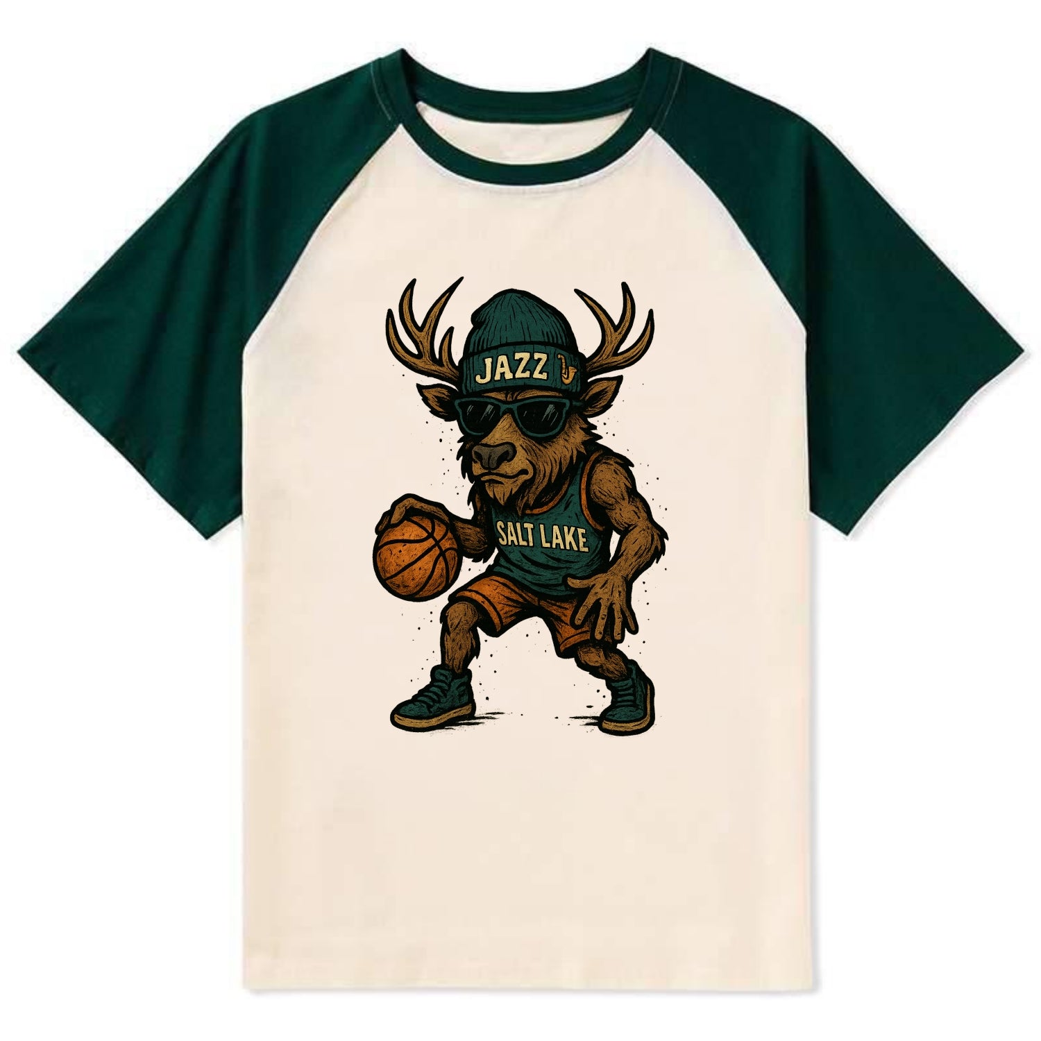 Salt Lake Elk wearing Jazz beanie with saxophone patch and wayfarer - Contrast Raglan T-shirt - Green