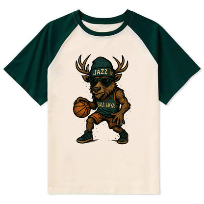 Salt Lake Elk wearing Jazz beanie with saxophone patch and wayfarer - Contrast Raglan T-shirt - Green
