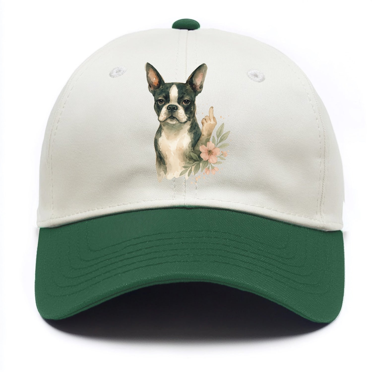 Boston Terrier with tuxedo markings, perky ears, paw up giving sass - Two Tone Cap - Green