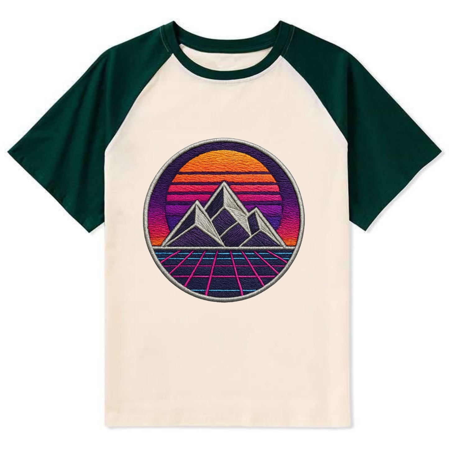 Retrowave Mountains - Contrast Raglan T-shirt - Green