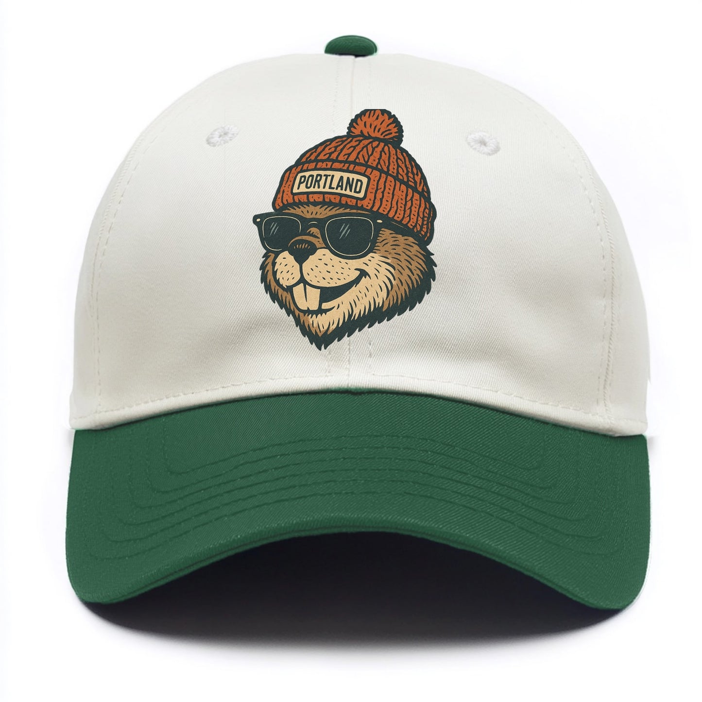 Oregon Beaver wearing Portland beanie with pom pom and wayfarer sunglasses - Two Tone Cap - Green