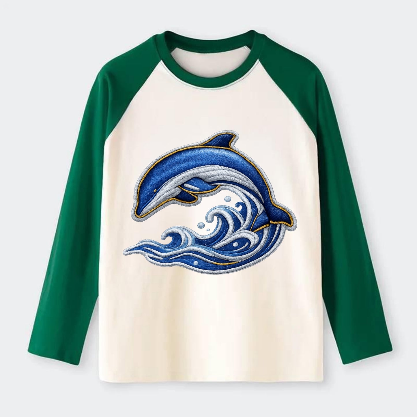 Embroidered patch design - SWIMMING DOLPHIN - diving dolphin with - Raglan Long Sleeve T-Shirt - Green