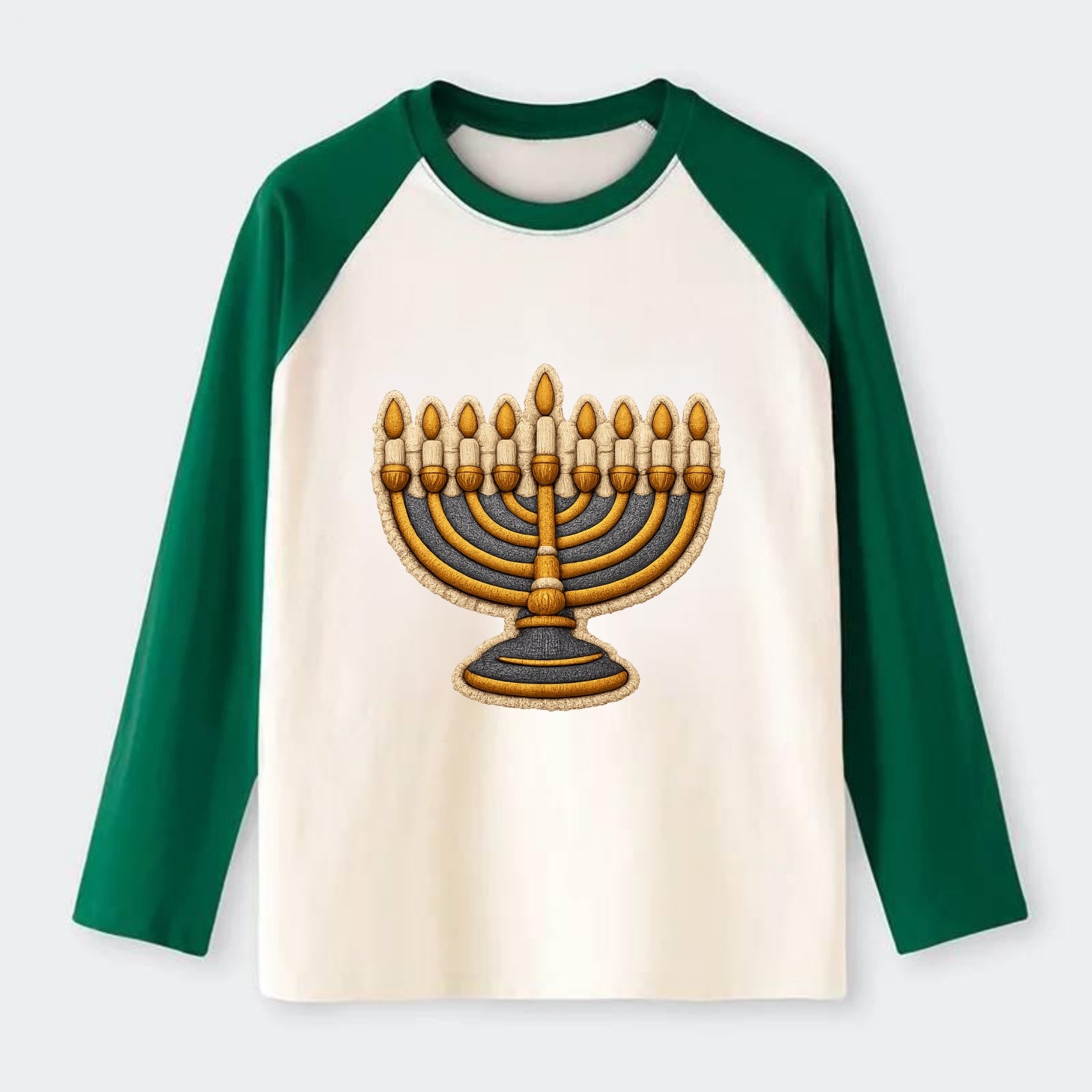 MENORAH LIGHTS - nine branch candelabra in gold and blue , Hanukkah - Raglan Long Sleeve T-Shirt - Green