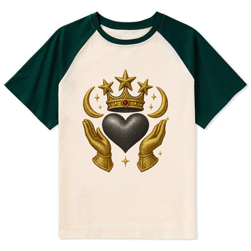 Sun goddess crown radiating golden rays over a midnight heart with - Contrast Raglan T-shirt