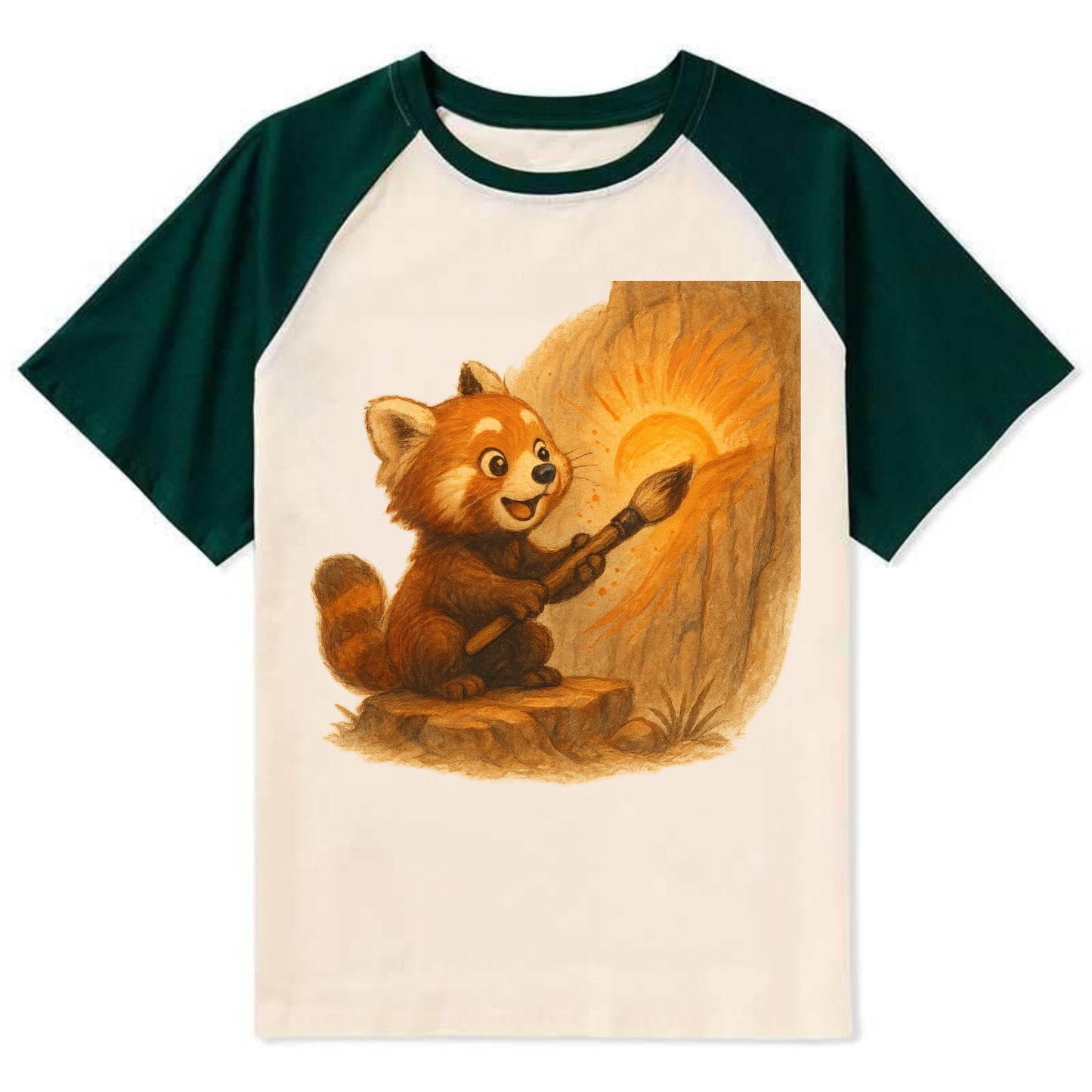 Red panda painting a sunrise mural with an oversized calligraphy brush on - Contrast Raglan T-shirt - Green