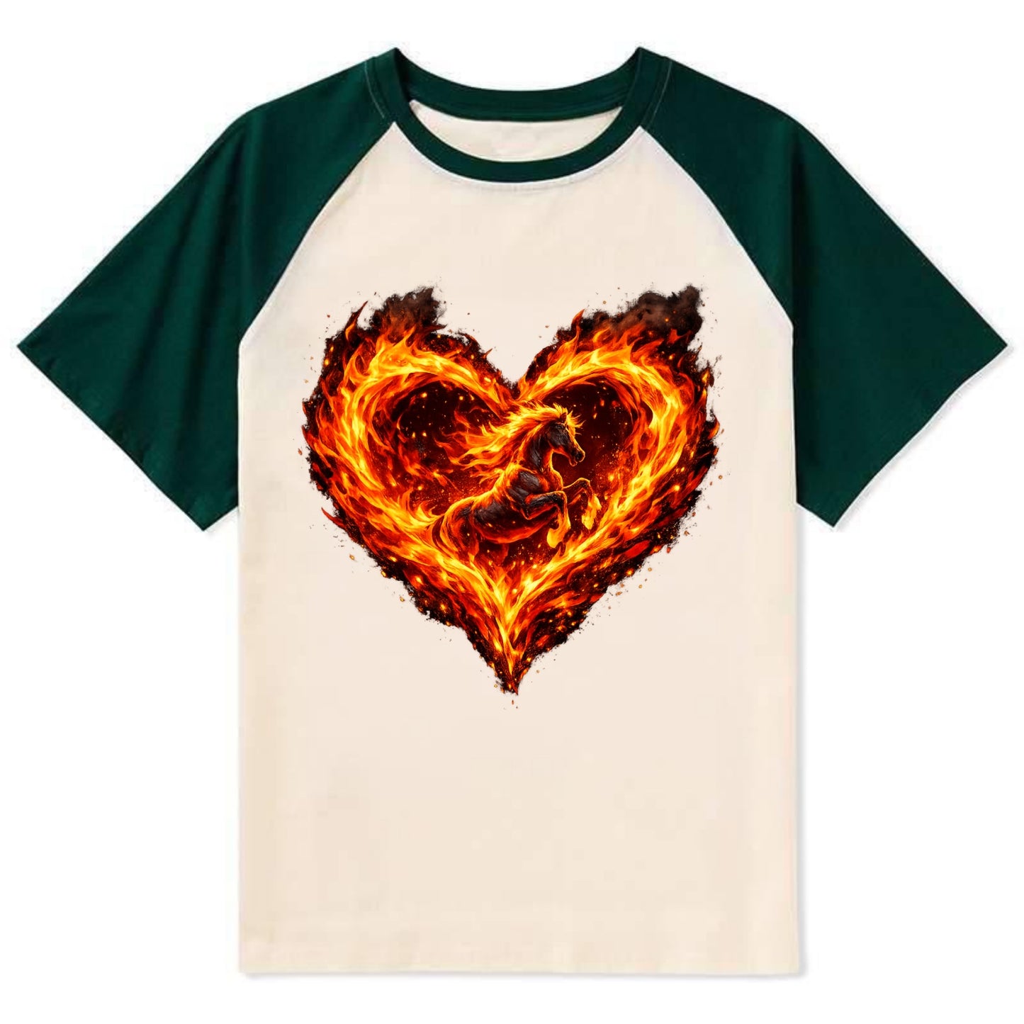 HEART OF FIRE | Flaming heart with horse silhouette inside | Passion - Contrast Raglan T-shirt - Green