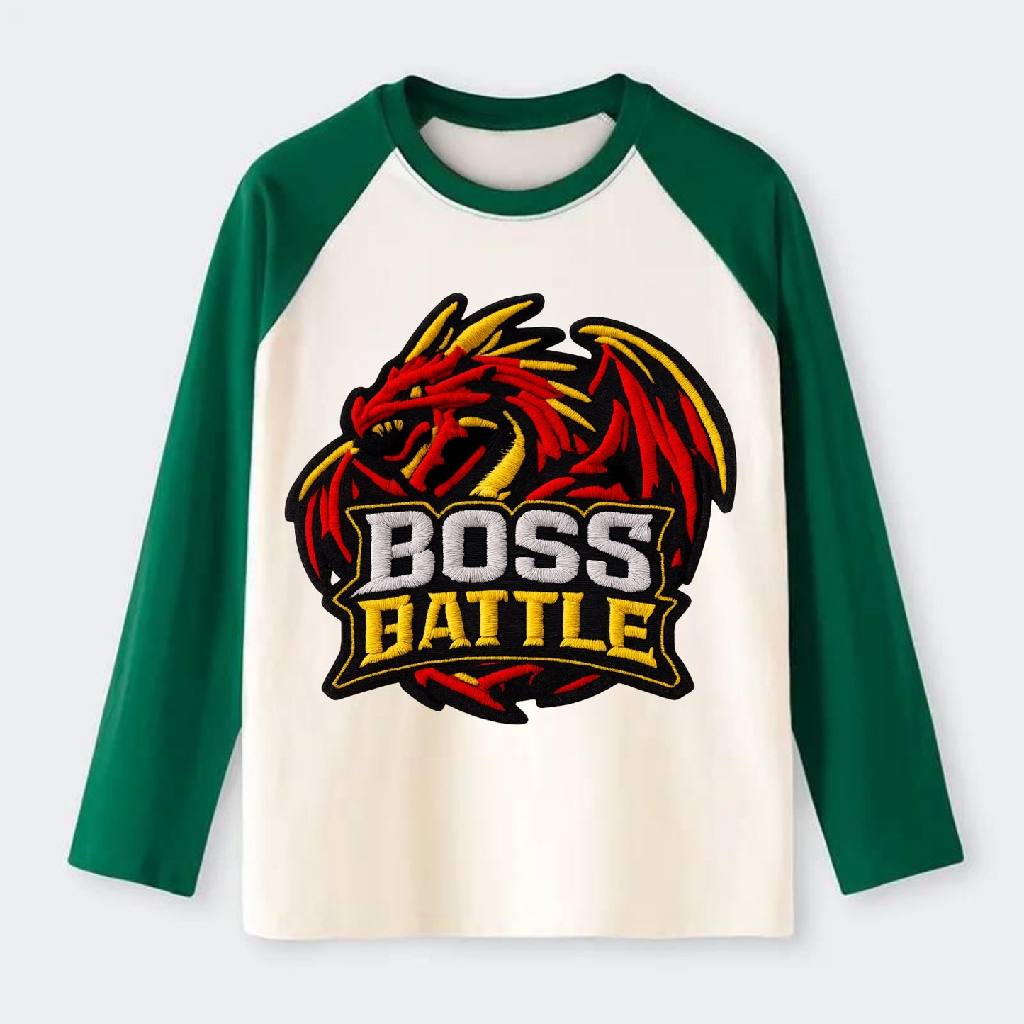 BOSS BATTLE - dragon silhouette in red and gold , raid - Raglan Long Sleeve T-Shirt - Green
