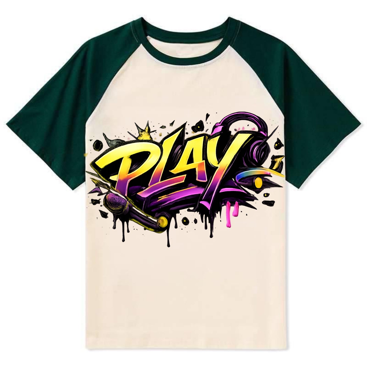 Bold typography design - "PLAY" - creative expression, musical performance - Contrast Raglan T-shirt - Green