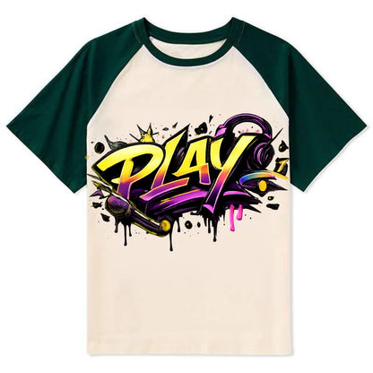 Bold typography design - "PLAY" - creative expression, musical performance - Contrast Raglan T-shirt - Green