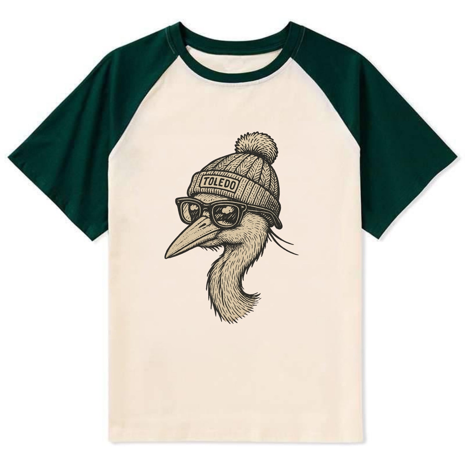 Toledo Great Blue Heron wearing Toledo beanie with pom pom and wayfarer - Contrast Raglan T-shirt - Green