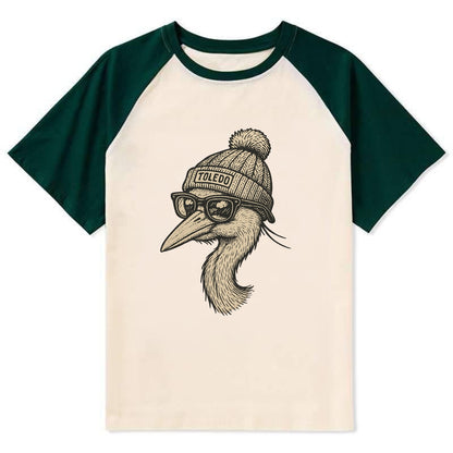 Toledo Great Blue Heron wearing Toledo beanie with pom pom and wayfarer - Contrast Raglan T-shirt - Green