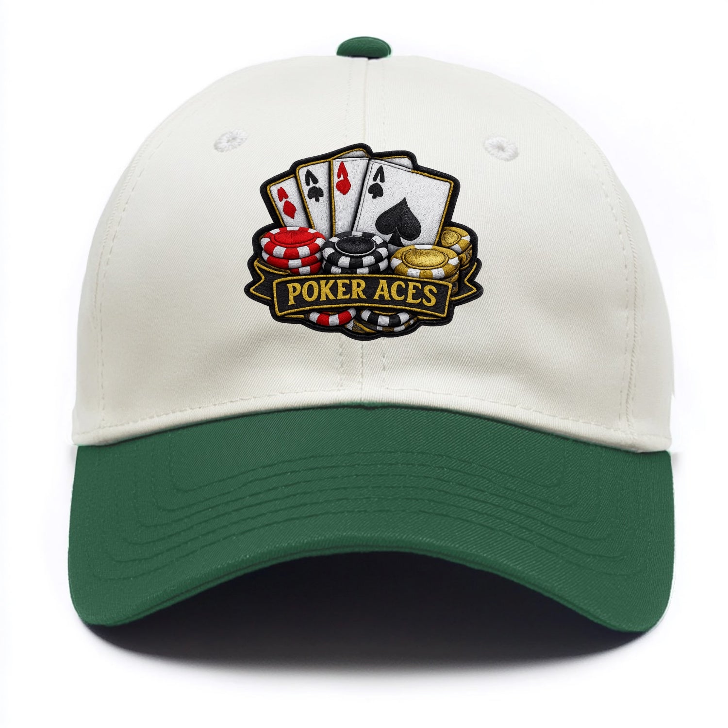 Embroidered patch design - POKER ACES - four aces with chips in red, black and gold - Two Tone Cap - Green