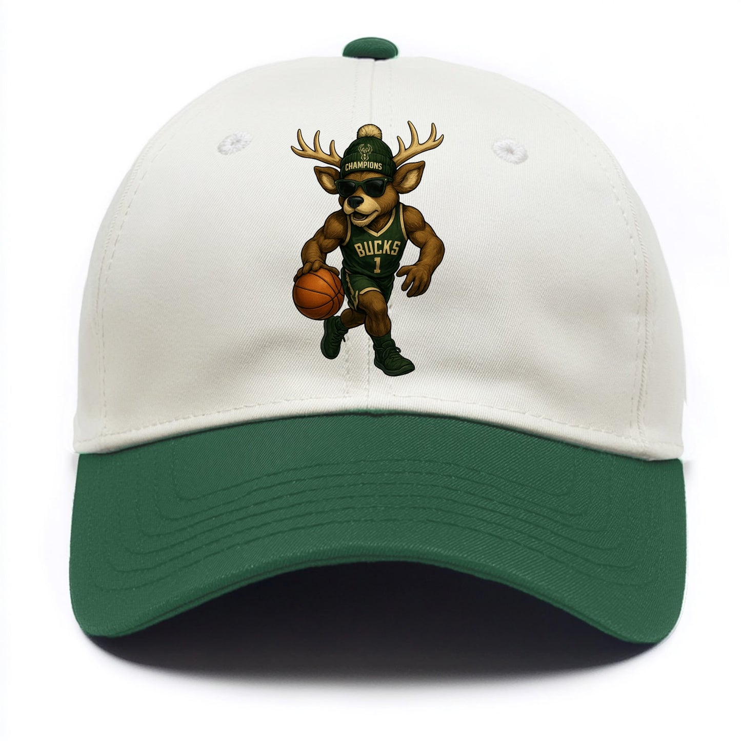 Milwaukee Buck Deer wearing Bucks green and cream beanie with antlers and wayfarer - Two Tone Cap - Green