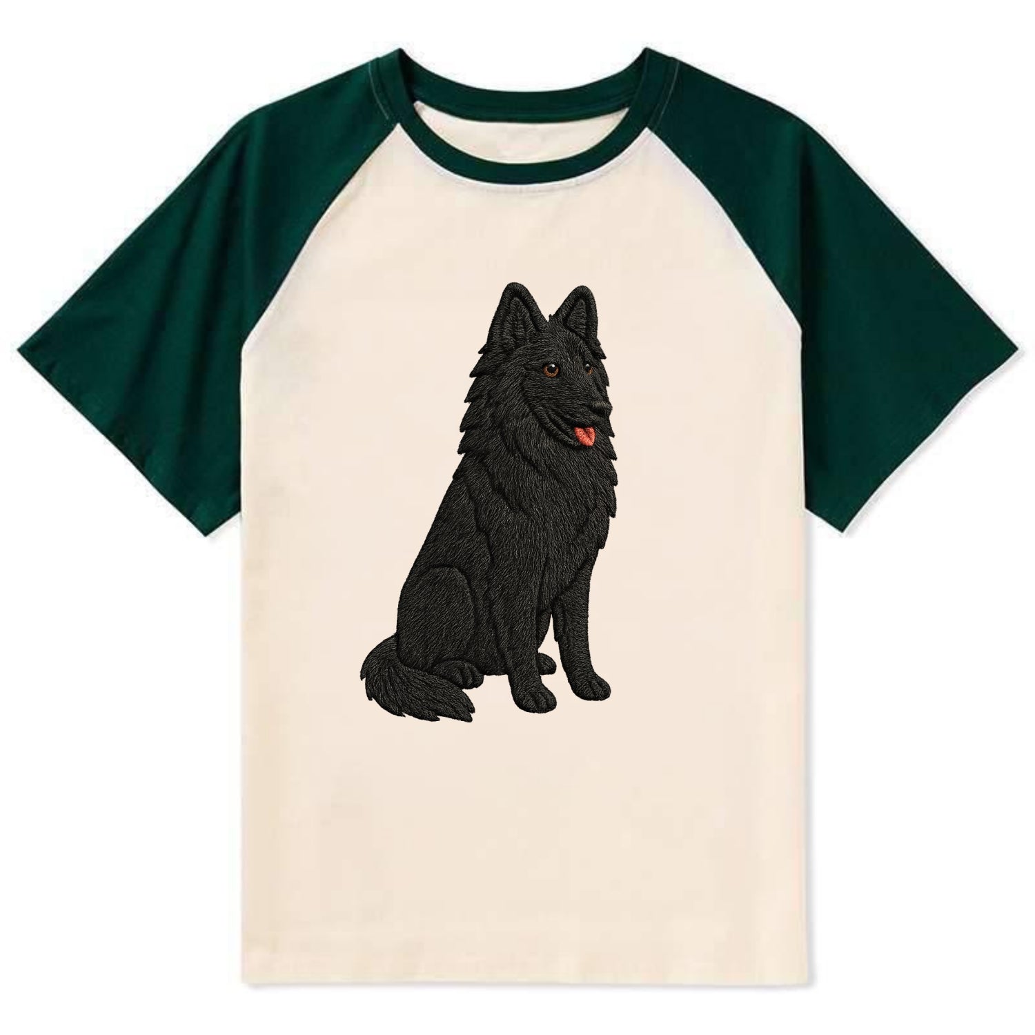 Belgian Sheepdog - Black long-haired embroidered pose - Contrast Raglan T-shirt - Green