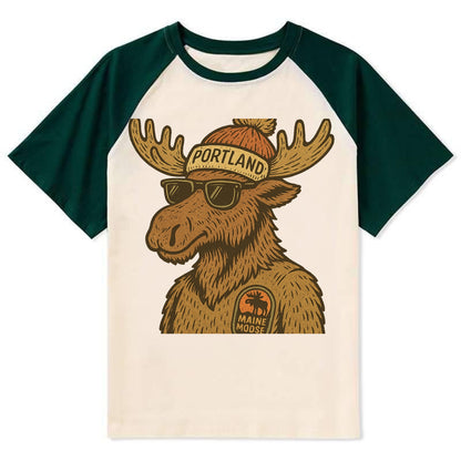 Maine Moose wearing Portland beanie with pom pom and wayfarer sunglasses - Contrast Raglan T-shirt - Green