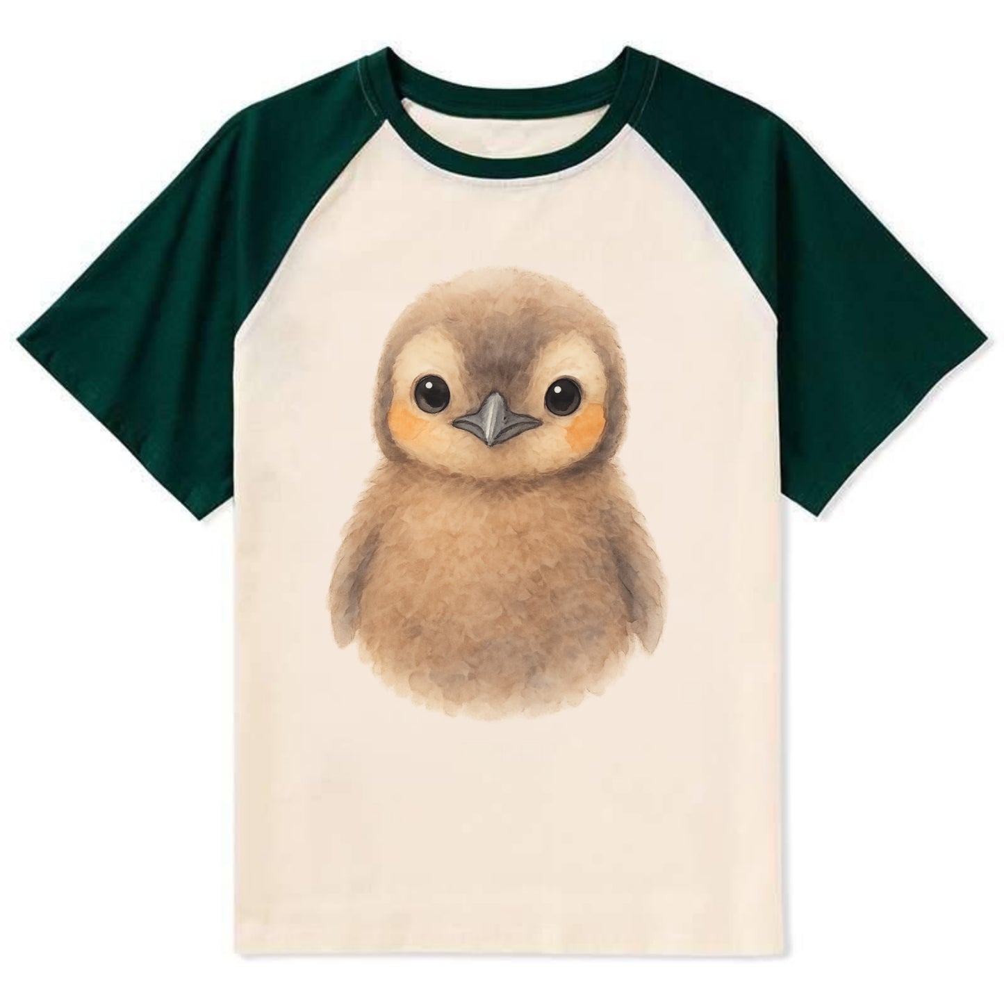 Baby King Penguin - orange cheek patches, fluffy brown, large eyes, - Contrast Raglan T-shirt - Green