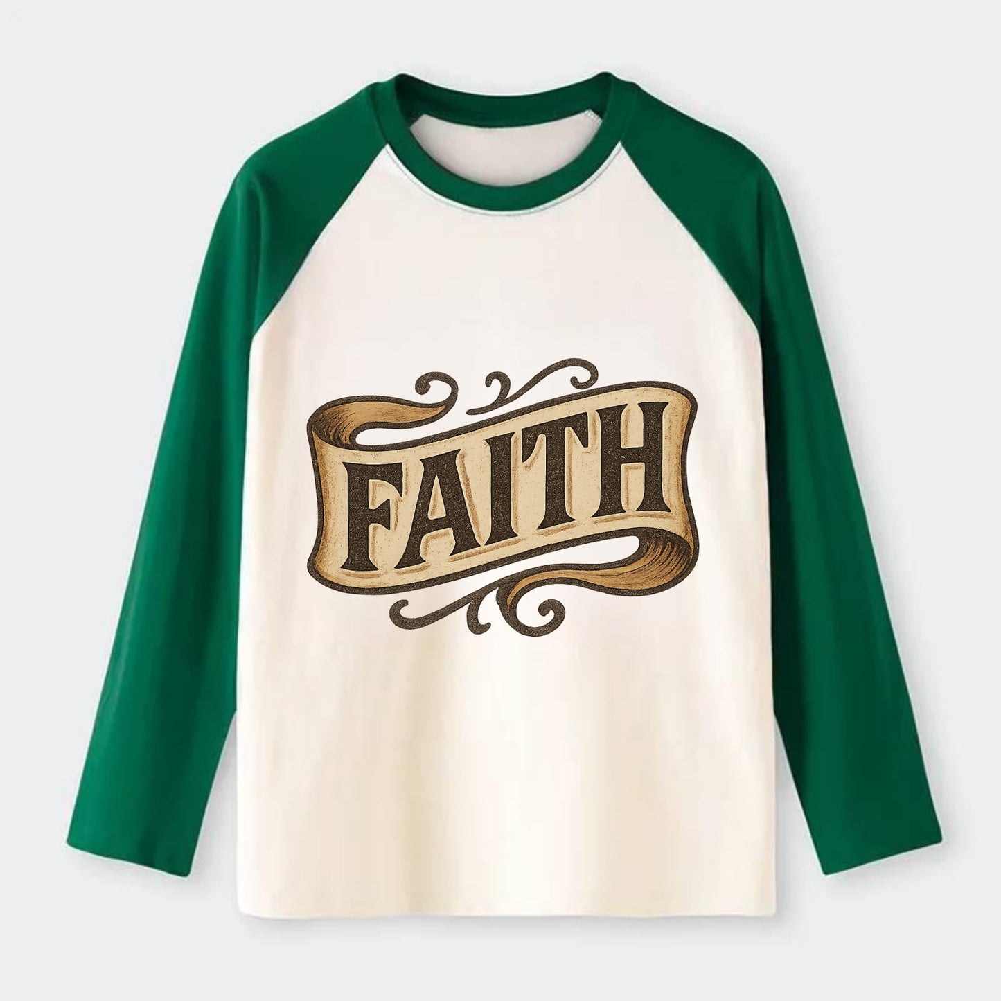 Bold typography design - "FAITH" - trust in the unseen, spiritual - Raglan Long Sleeve T-Shirt - Green