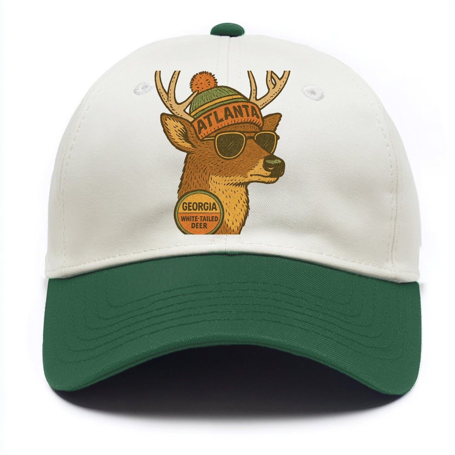 Georgia White-tailed Deer wearing Atlanta beanie with pom pom and wayfarer sunglasses - Two Tone Cap - Green
