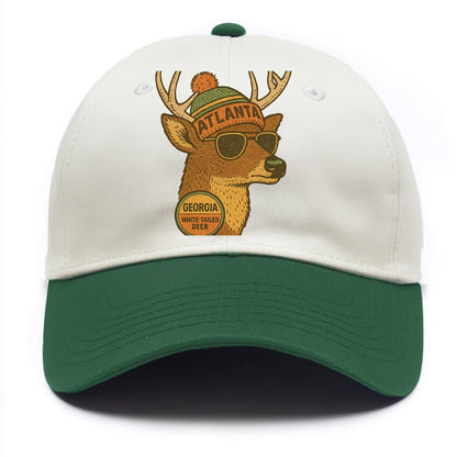 Georgia White-tailed Deer wearing Atlanta beanie with pom pom and wayfarer sunglasses - Two Tone Cap - Green