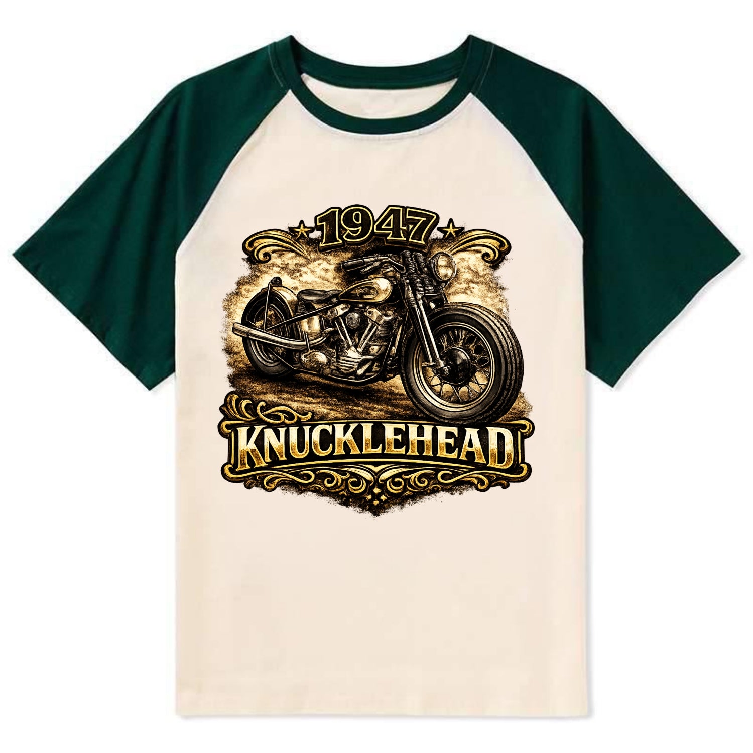 1947 Knucklehead Bobber - Contrast Raglan T-shirt - Green
