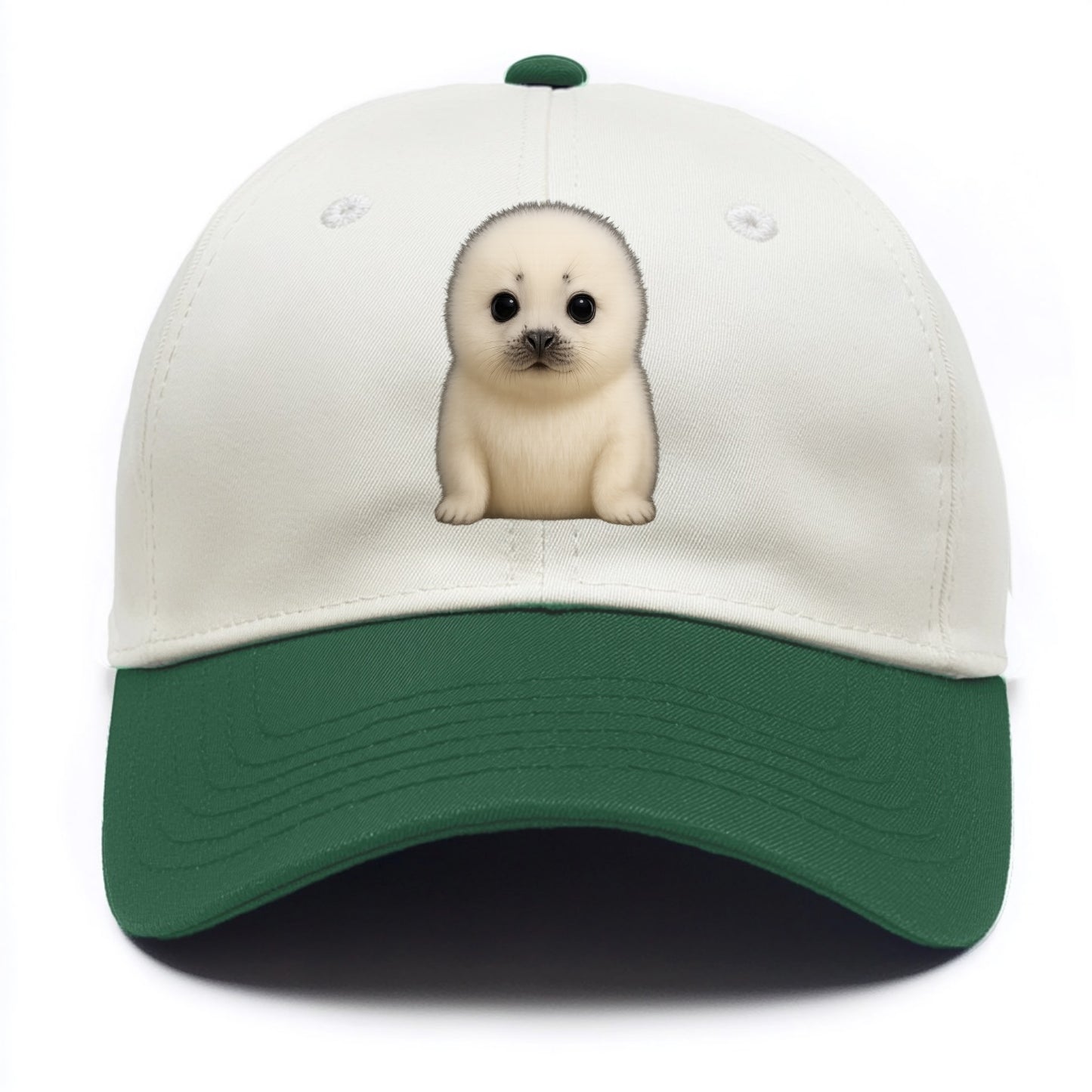 Baby Harp Seal - pure white fluffy fur, enormous dark eyes, front-facing, iconic cute - Two Tone Cap - Green