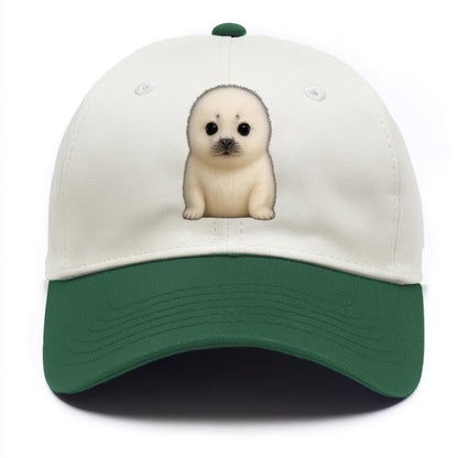 Baby Harp Seal - pure white fluffy fur, enormous dark eyes, front-facing, iconic cute - Two Tone Cap - Green