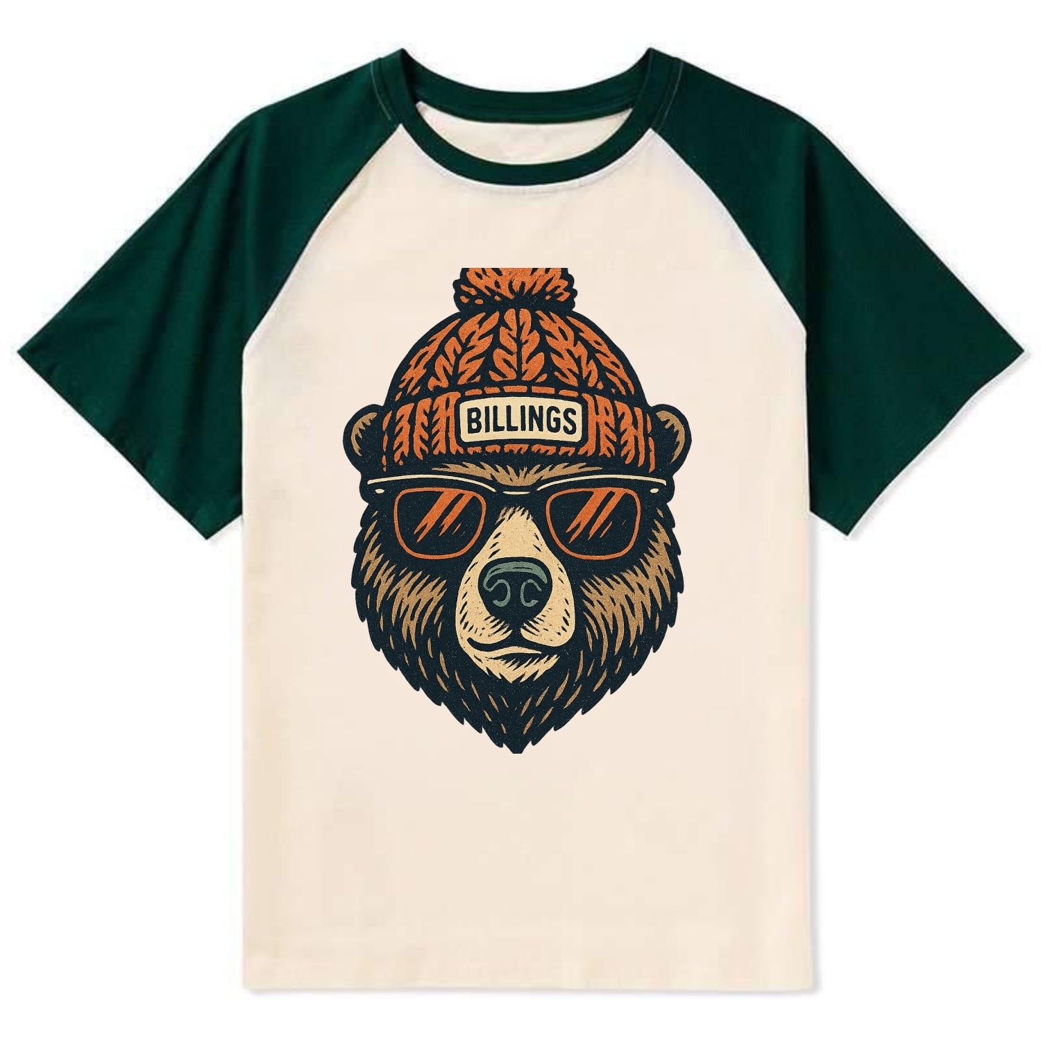 Montana Grizzly Bear wearing Billings beanie with pom pom and wayfarer - Contrast Raglan T-shirt - Green