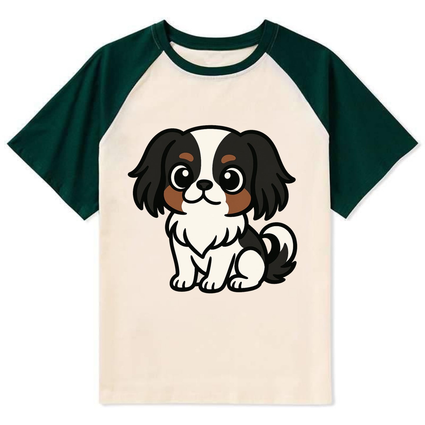 Japanese Chin - Black and white sitting pose - Contrast Raglan T-shirt - Green