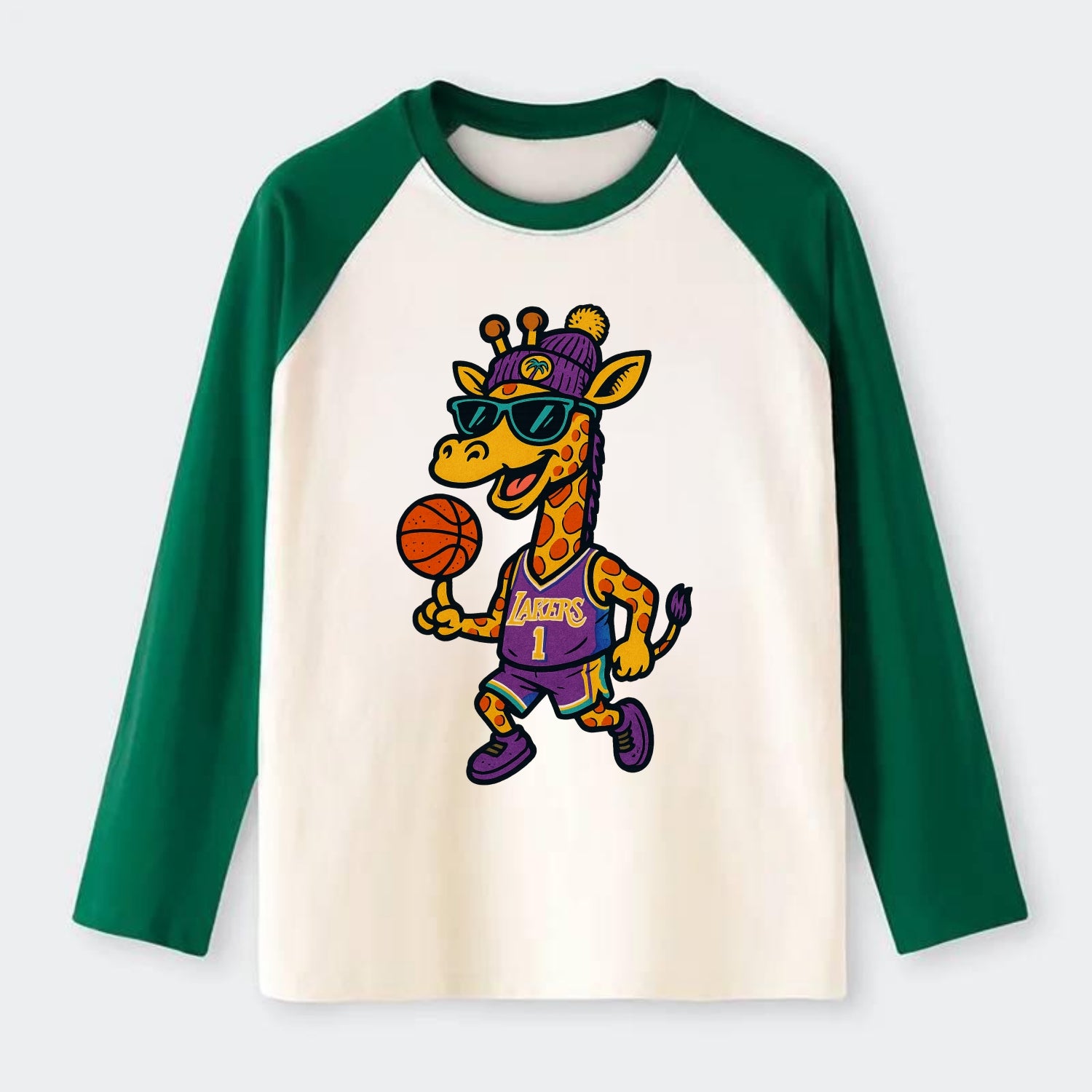 California Giraffe wearing Lakers beanie with palm tree patch and - Raglan Long Sleeve T-Shirt - Green