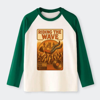 Crowd surfing at packed concert - "Riding the Wave" - concert energy - Raglan Long Sleeve T-Shirt - Green
