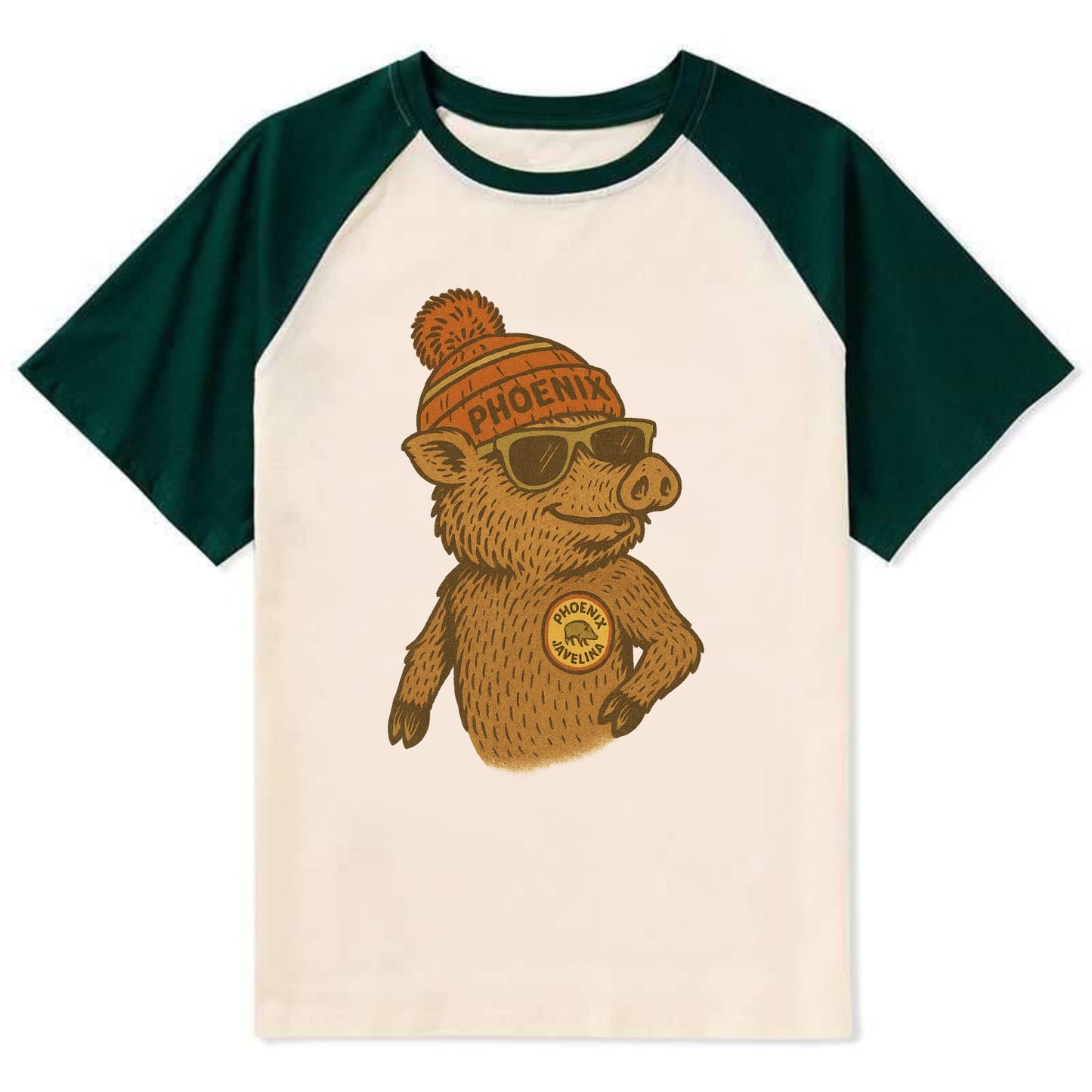 Phoenix Javelina wearing Phoenix beanie with pom pom and wayfarer - Contrast Raglan T-shirt - Green