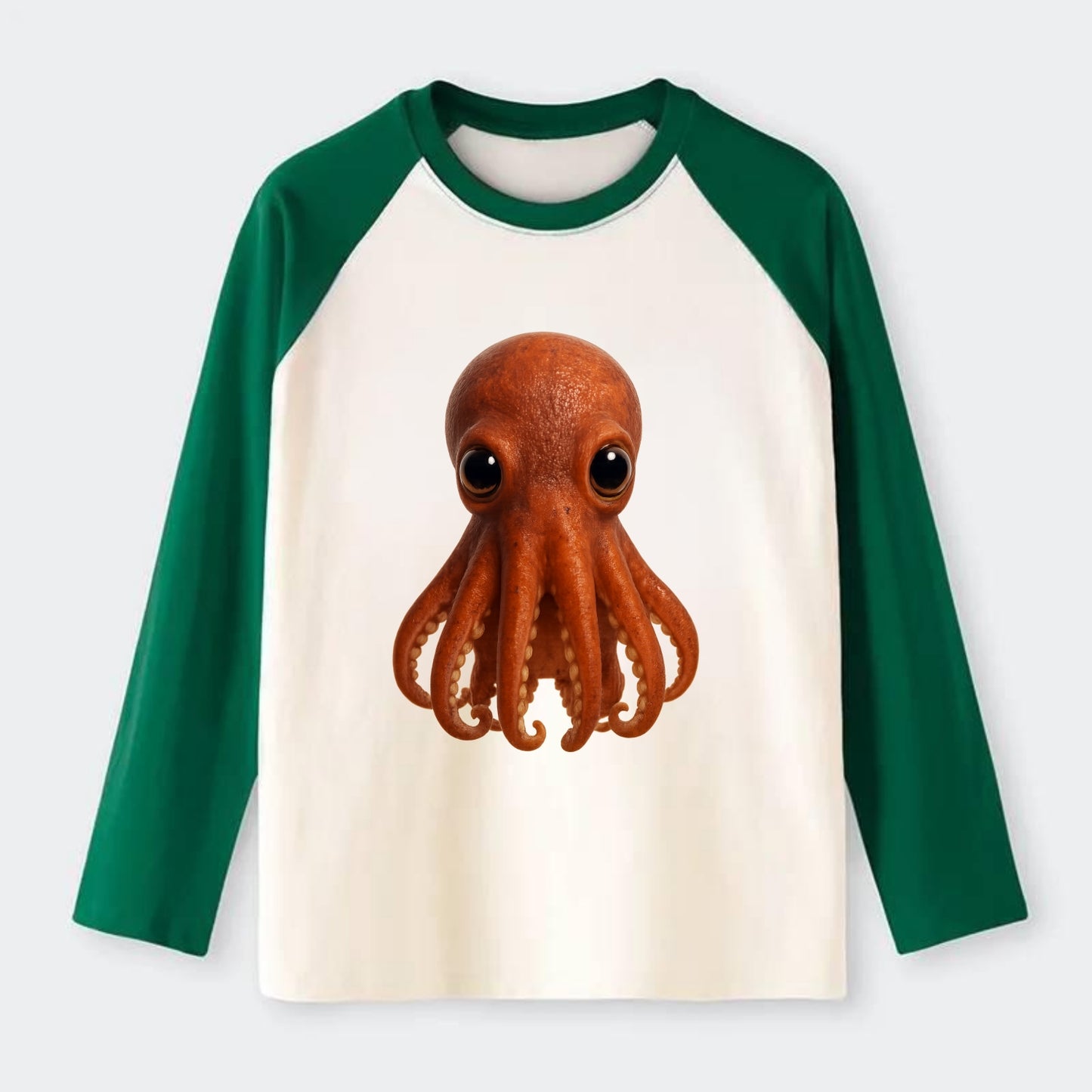 Baby Giant Pacific Octopus - reddish, smaller tentacles, expressive - Raglan Long Sleeve T-Shirt - Green