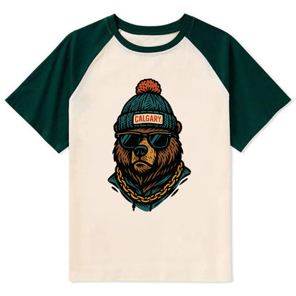 Calgary Grizzly Bear wearing Calgary beanie with pom pom and wayfarer - Contrast Raglan T-shirt - Green