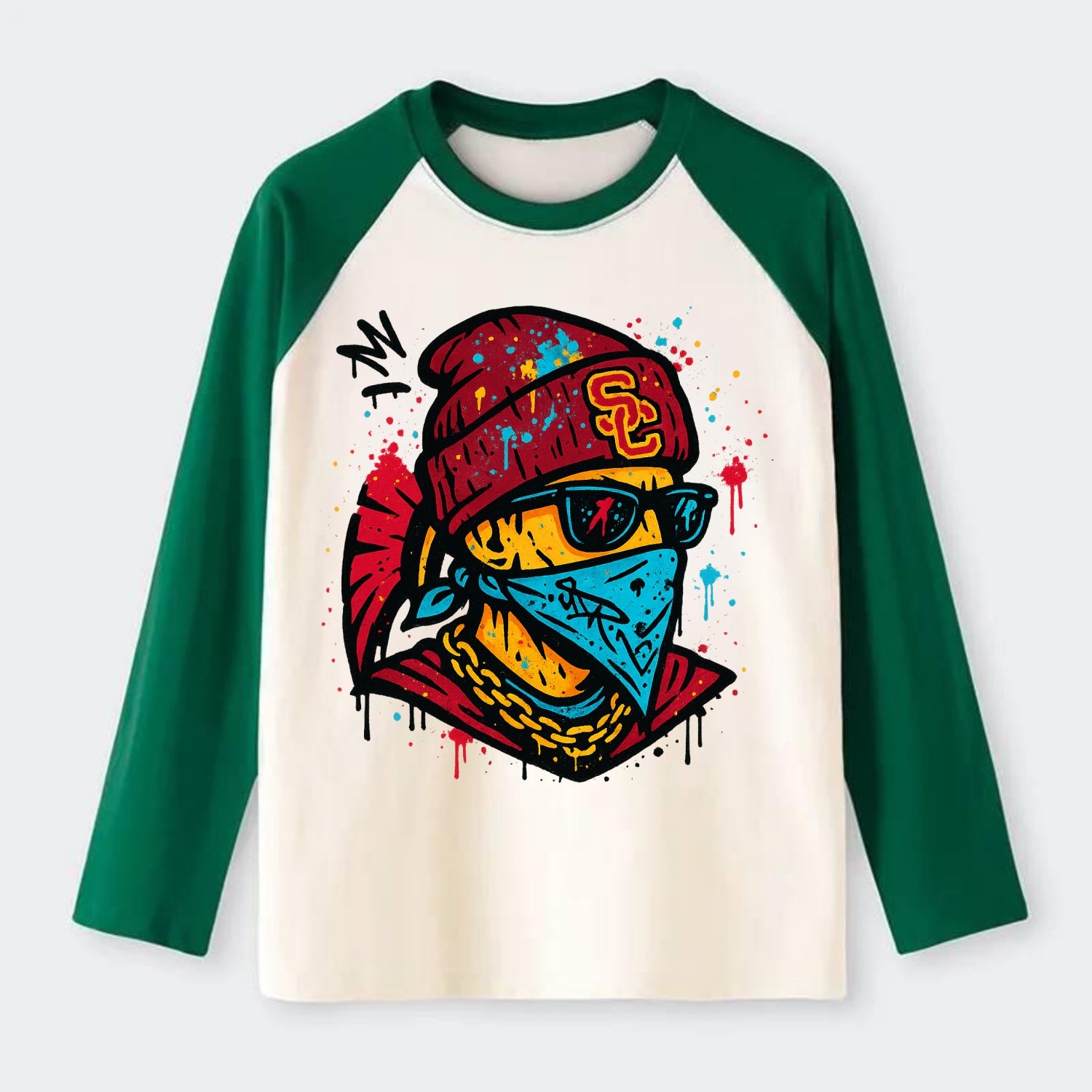 Los Angeles Trojan wearing USC beanie with SC patch - Raglan Long Sleeve T-Shirt - Green