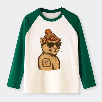 San Jose Mountain Lion wearing San Jose beanie with pom pom and - Raglan Long Sleeve T-Shirt - Green