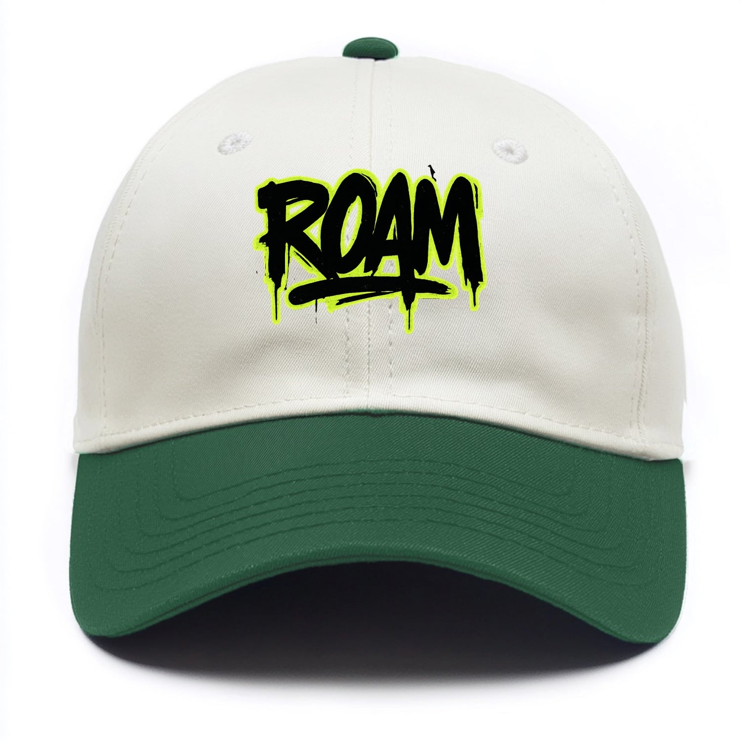 Bold typography design - "ROAM" - wander freely, no destination needed - Two Tone Cap - Green