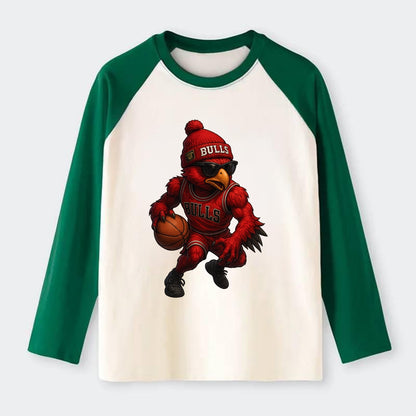 Windy City Hawk wearing Bulls beanie with six rings patch and wayfarer - Raglan Long Sleeve T-Shirt - Green