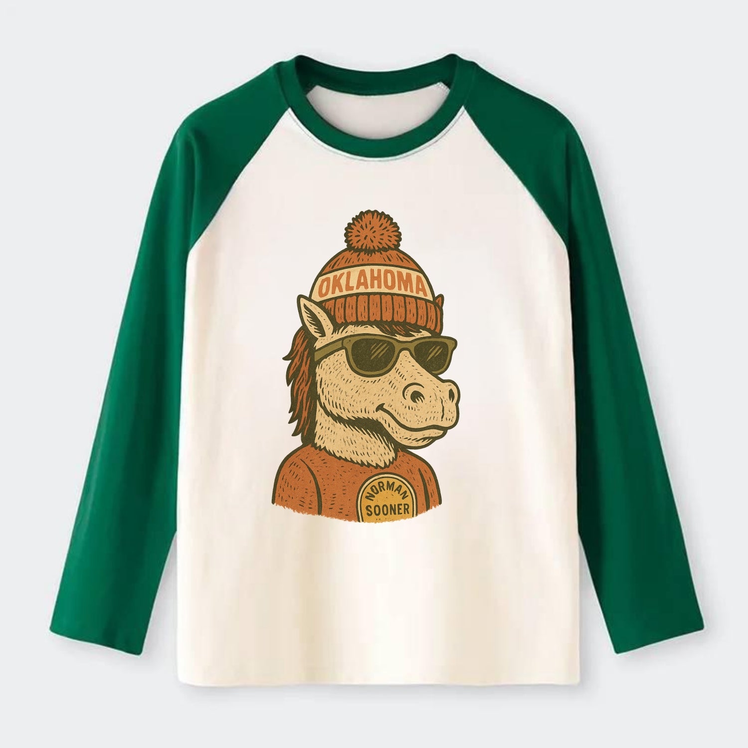 Norman Sooner Horse wearing Oklahoma bea - Raglan Long Sleeve T-Shirt - Green