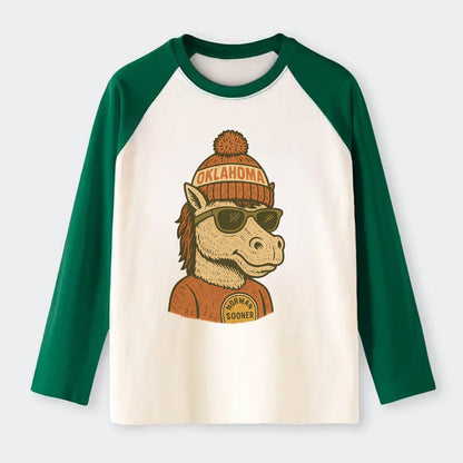 Norman Sooner Horse wearing Oklahoma bea - Raglan Long Sleeve T-Shirt - Green